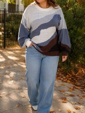 NWT Papillon Blanc Gray Blue Brown Colorblock Crewneck Knit Sweater Cozy Chic